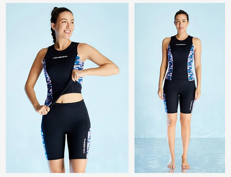 Men Women's 2MM Neoprene Vest Top Short Pants Two Pieces Set Split Wetsuit Female Surfing Swimming Snorkeling Suit Swimwear