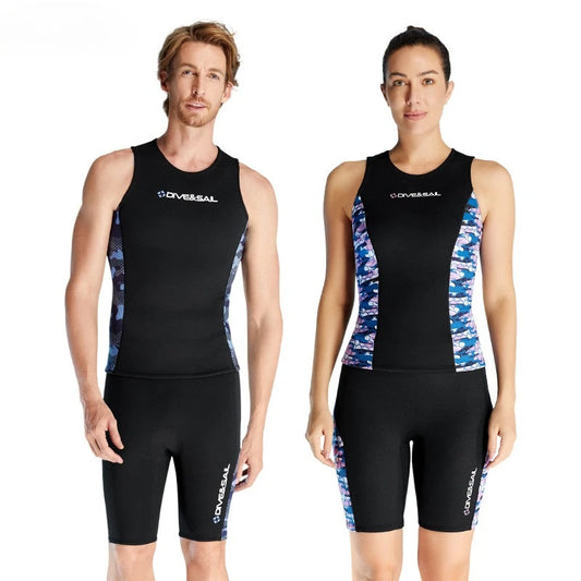 Men Women's 2MM Neoprene Vest Top Short Pants Two Pieces Set Split Wetsuit Female Surfing Swimming Snorkeling Suit Swimwear