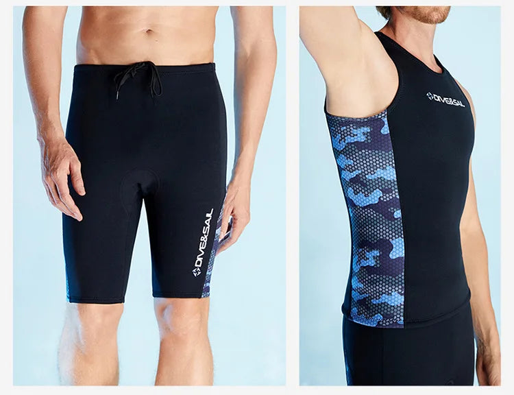 Men Women's 2MM Neoprene Vest Top Short Pants Two Pieces Set Split Wetsuit Female Surfing Swimming Snorkeling Suit Swimwear