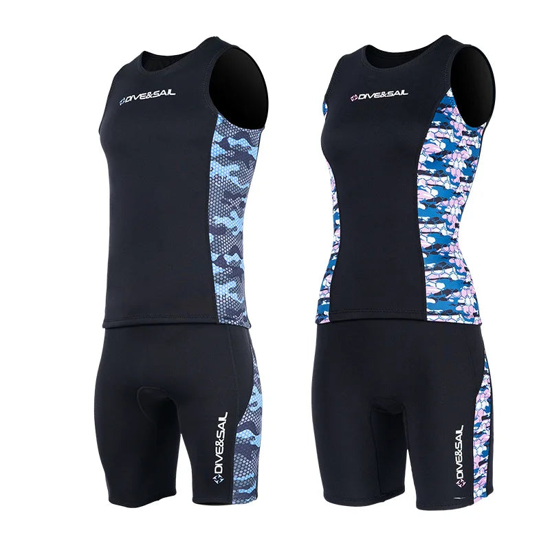 Men Women's 2MM Neoprene Vest Top Short Pants Two Pieces Set Split Wetsuit Female Surfing Swimming Snorkeling Suit Swimwear