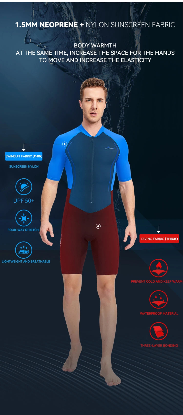 Men Women New Couple Diving Suit One-piece Sunscreen Swimsuit Short-sleeved Shorts 1.5mm Snorkeling Surfing Warm Shorty Wetsuit