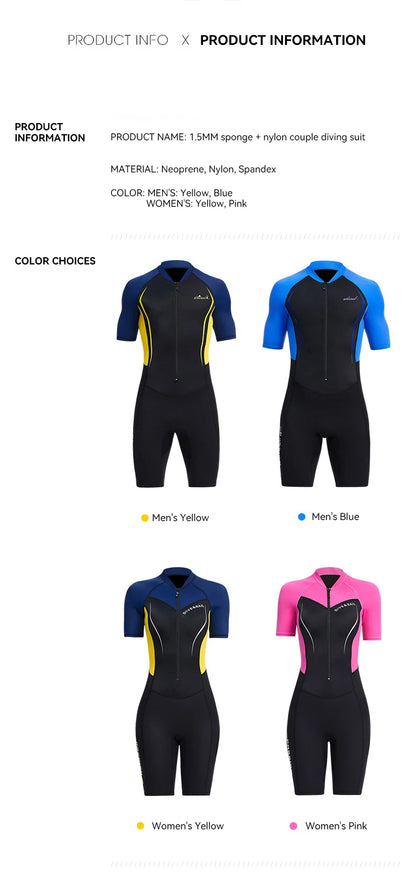 Men Women New Couple Diving Suit One-piece Sunscreen Swimsuit Short-sleeved Shorts 1.5mm Snorkeling Surfing Warm Shorty Wetsuit