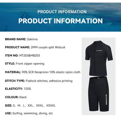 Men's Women's 2mm Neoprene Couple Split Shorty Wetsuit Warm Swimming Snorkeling Surfing Diving Suits Short Sleeves Swimsuits